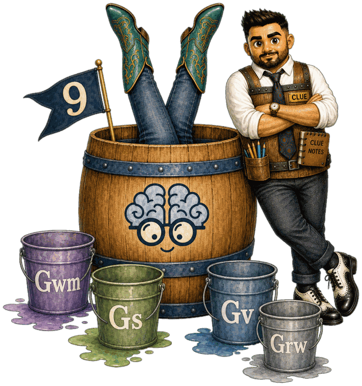 Uncle Clue leaning against a Buckets and Barrels barrel with legs kicking out of the top