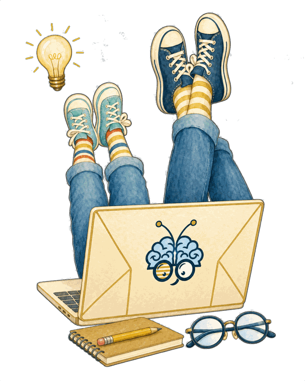 Legs kicking out over an open laptop, with a notebook, pencil and glasses at the base