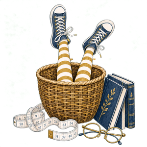 Legs in gold striped socks kicking out of a Buckets and Barrels barrel