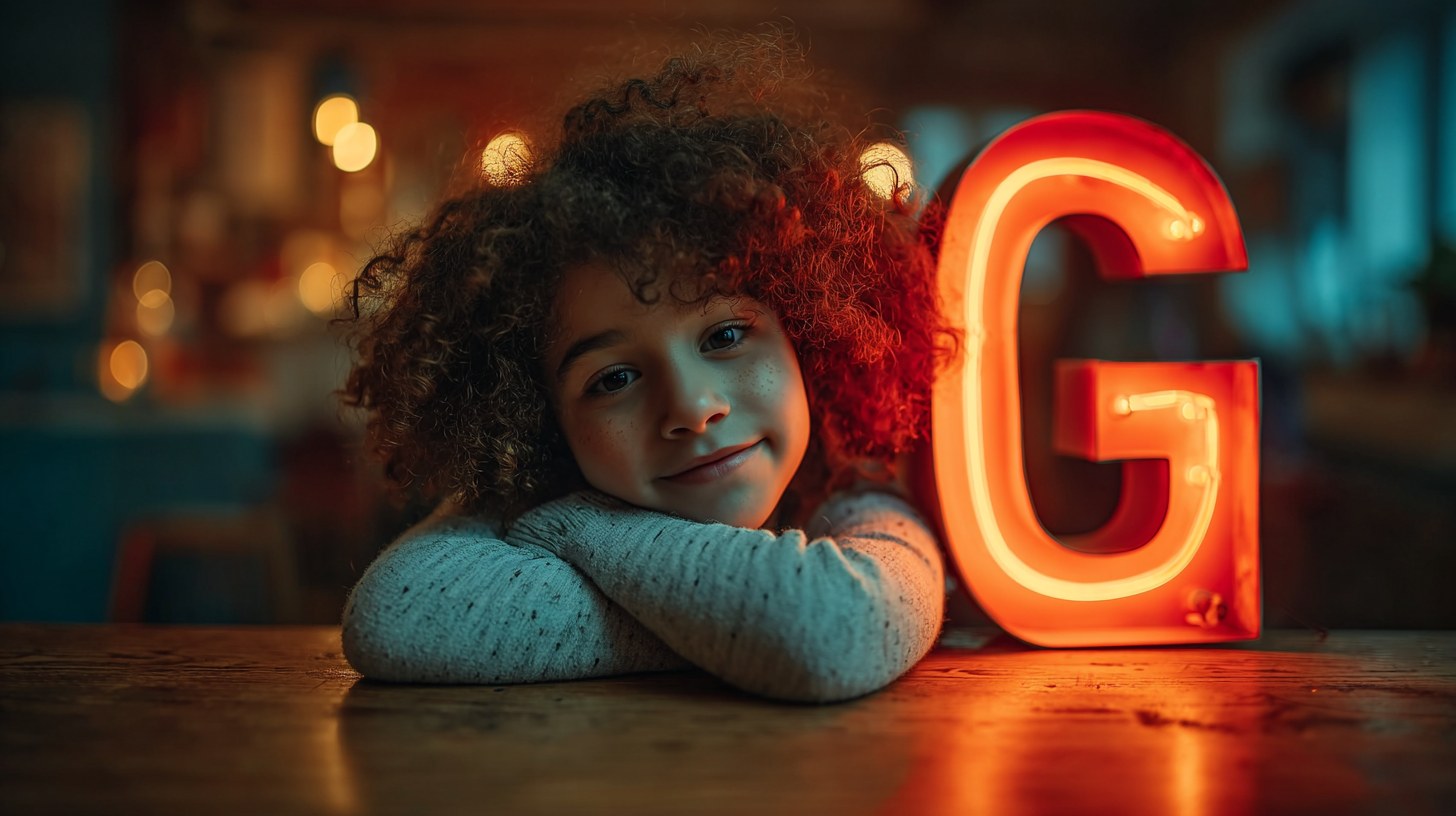A young girl with curly hair rests her chin on her arms beside a warm glowing letter G