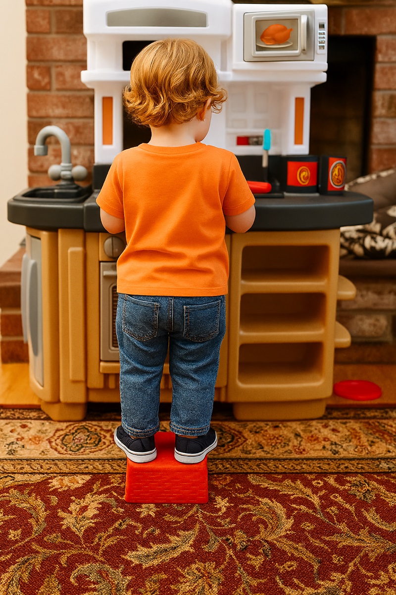 Illustration of Emrie standing on a small object to reach her toy kitchen counter