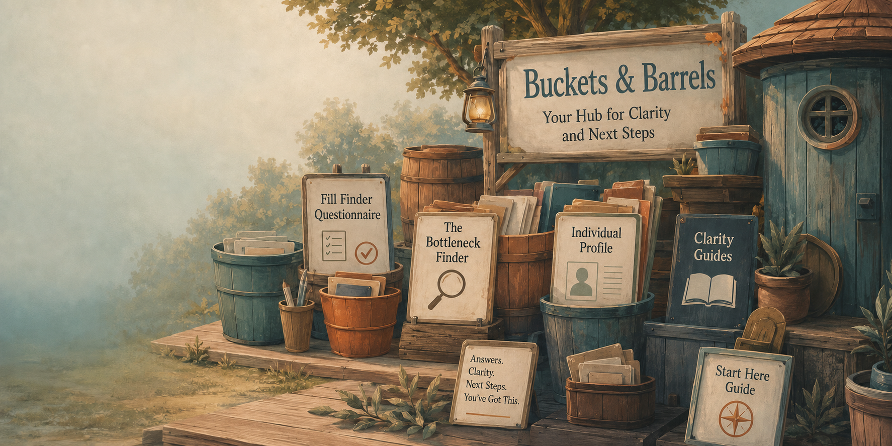Bucket Hollow: a storybook stand of buckets and barrels holding signs for every Buckets and Barrels tool