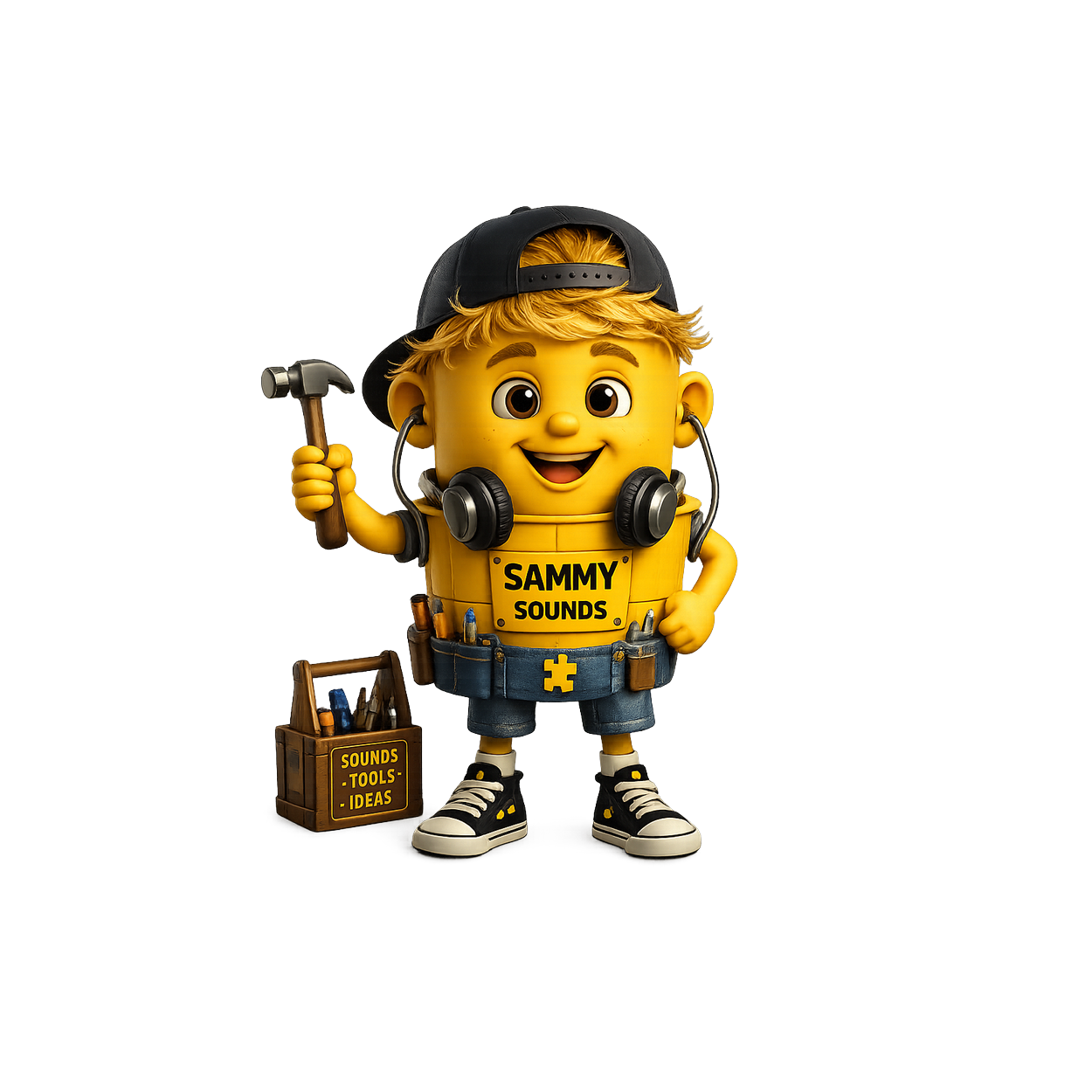 Sammy Sounds Bucket (Ga), wearing headphones and holding a sound-tool hammer