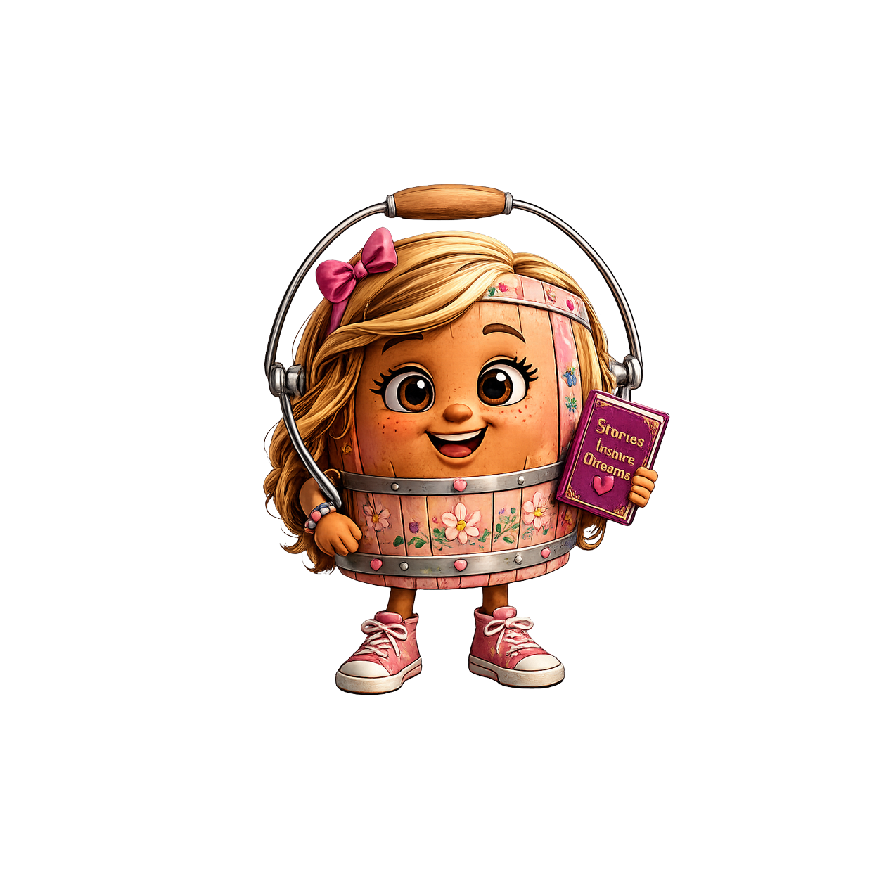 Henley the Literacy Bucket (Grw), holding her storybook
