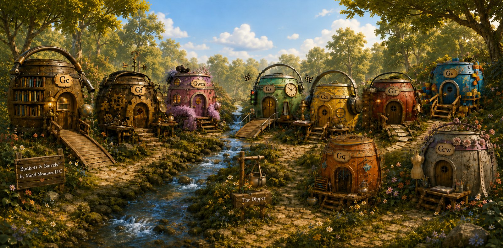 Bucket Hollow: a cozy village of bucket and barrel cottages beside a stream