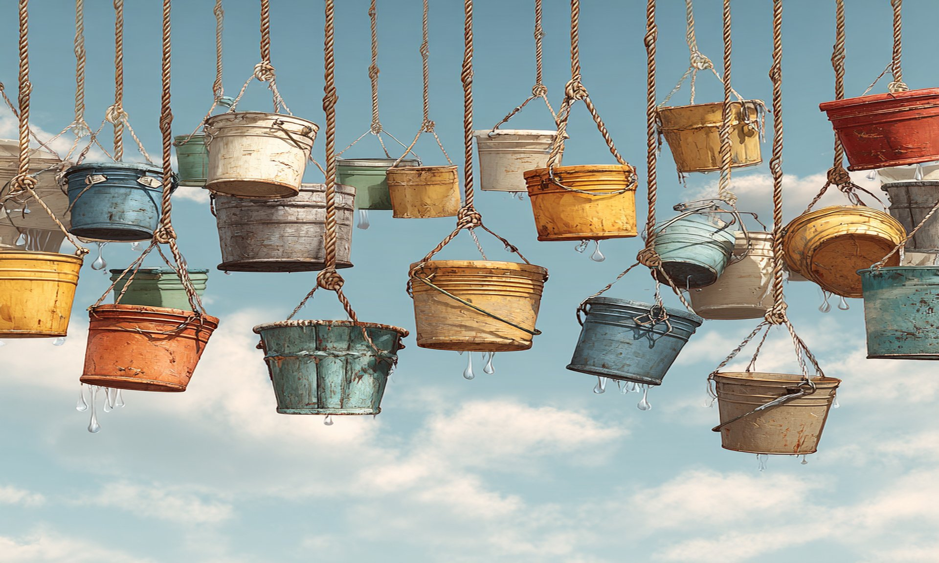 Weathered buckets hanging from ropes, each one dripping