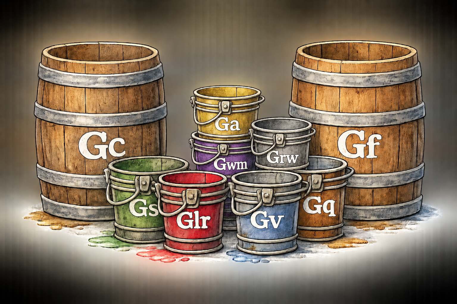 The nine vessels together: seven buckets and two barrels, each labeled with its cognitive code