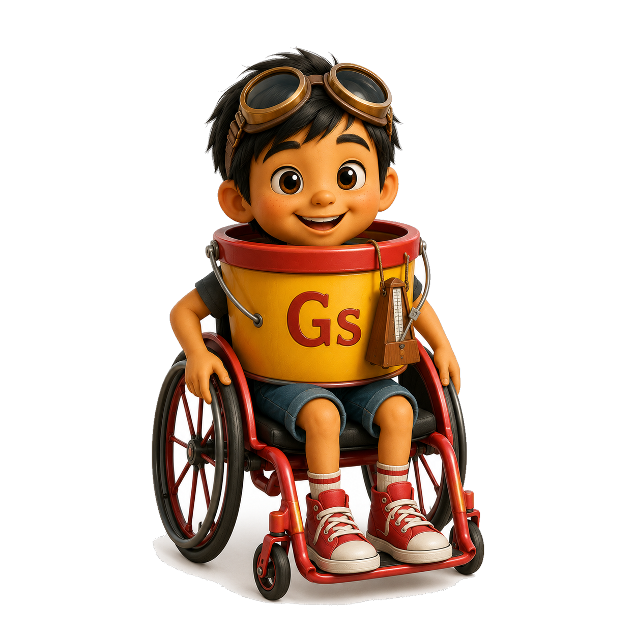 Tempo the Cognitive Speed Bucket (Gs), smiling in his wheelchair