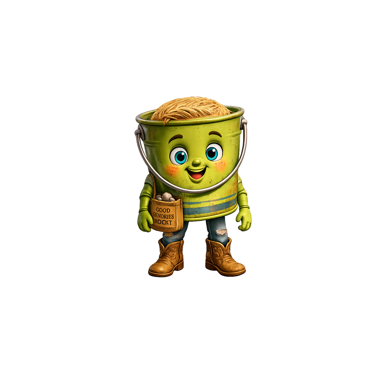 Finn Finding Bucket (Glr), carrying his memory-rock pouch