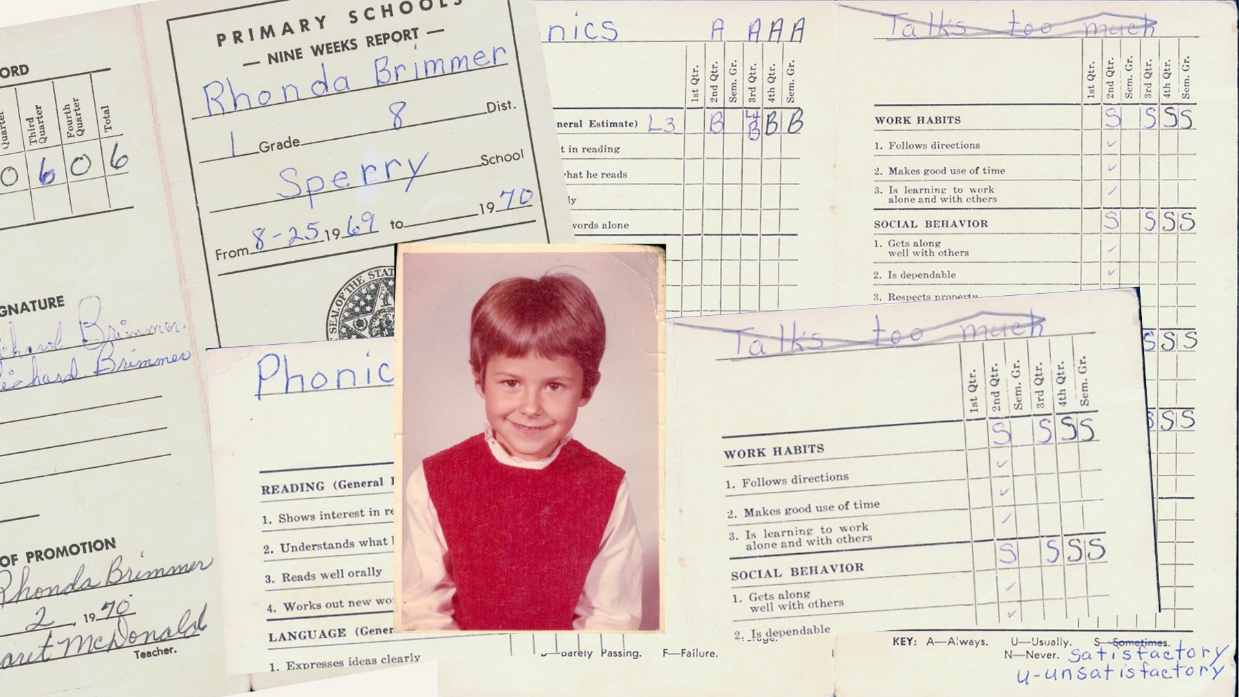 Rhonda Brimmer's first-grade report card from Sperry, Oklahoma, with her school photo